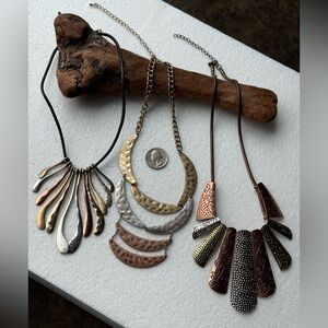 3 statement copper, brass, silvertone necklaces. Vintage.